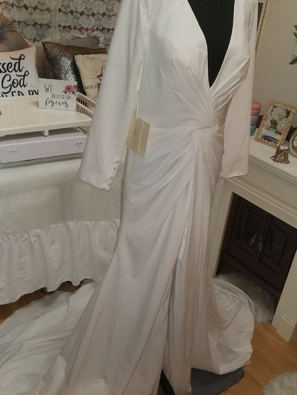 White Long-Sleeve V-Neck Wedding Dress with Twist Front